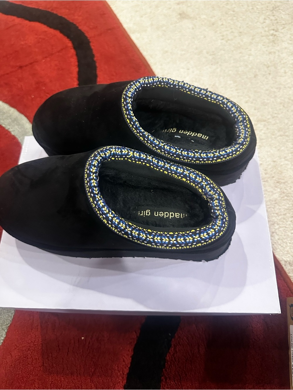 Madden Girl Black Slip-On Mules with Blue and Yellow Embroidered Trim